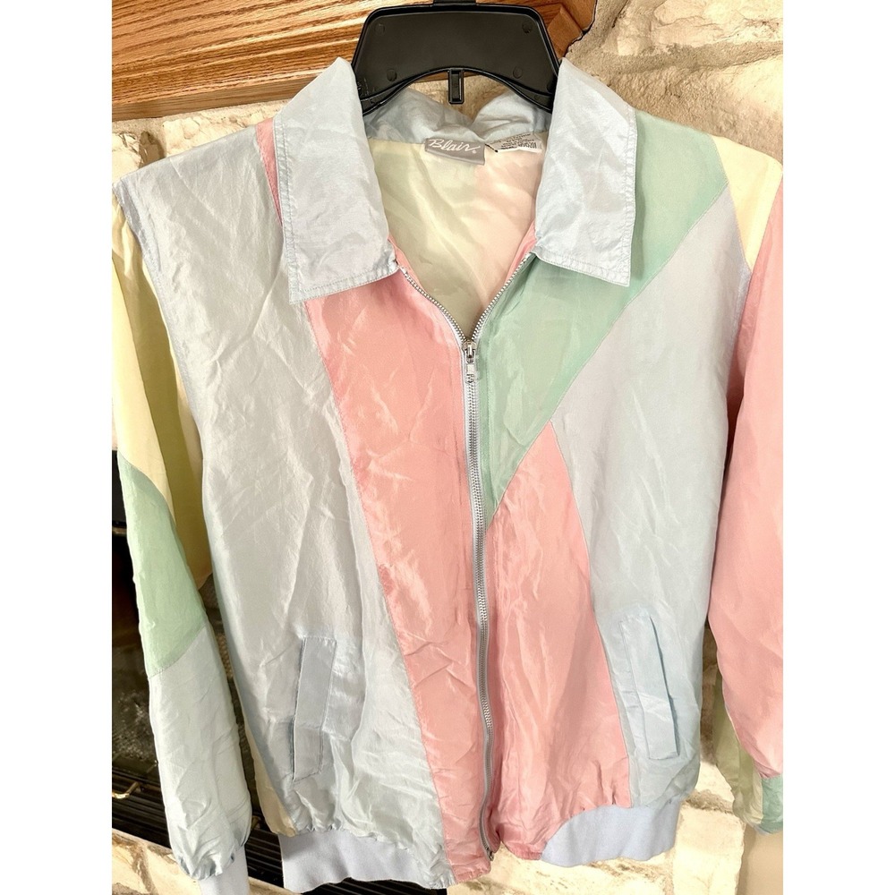 Vintage 90s Silk Windbreaker Jacket Pastel Colorblock Blair S Lightweight - Picture 2 of 5